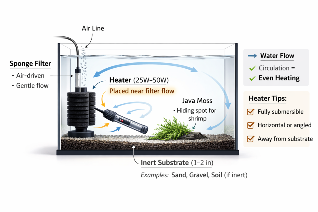 Diagram showing 5 gallon shrimp tank layout with sponge filter and heater placement