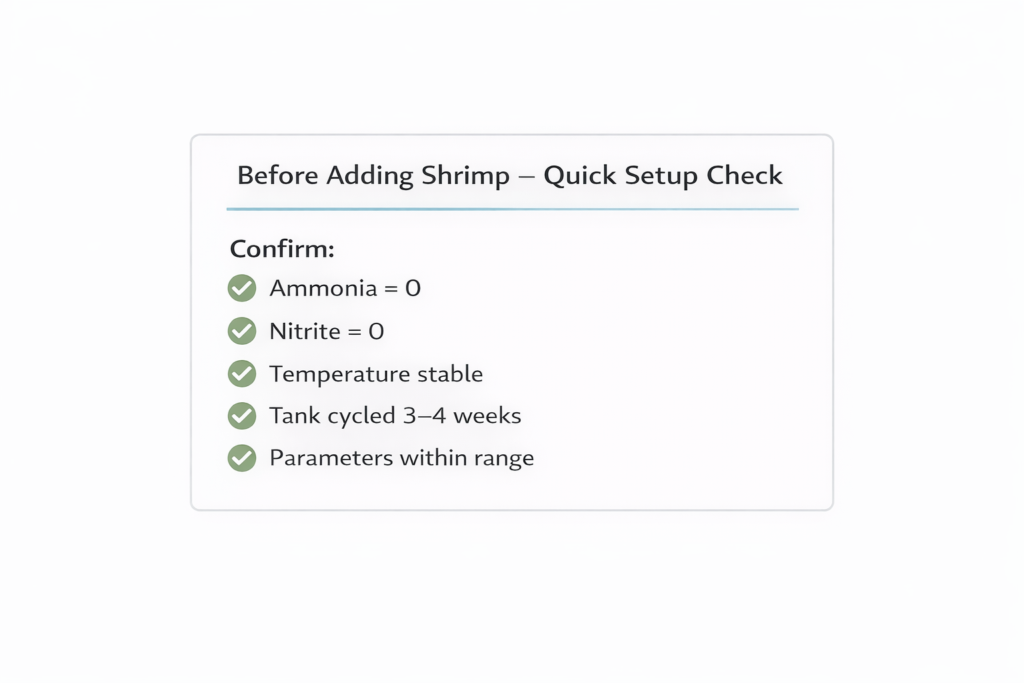 Quick setup check to confirm tank readiness before adding shrimp